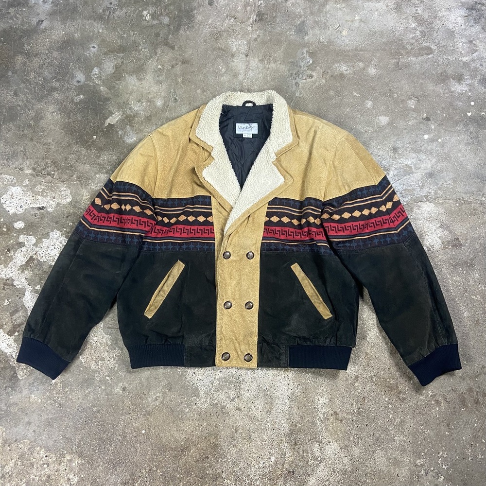 Vintage 80s Vintage Suede Jacket Size XL Beige Aztec Snap Down Quilted Sherpa